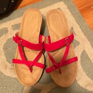 Cork wedges with red/orange patent leather straps